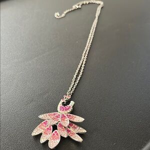 Elegant Silver and Pink Peacock Pendant Necklace